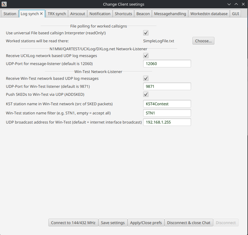 Log-Synchronisation Einstellungsfenster