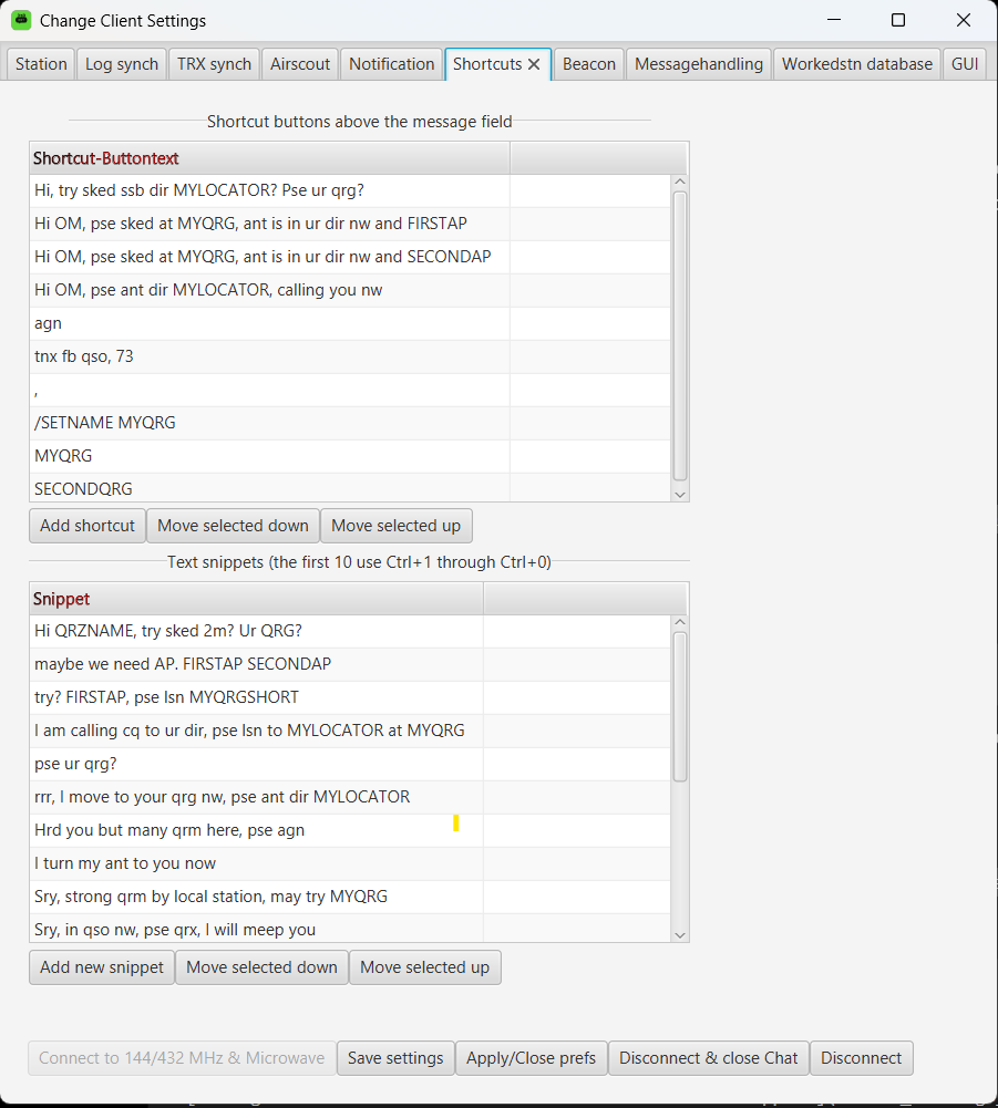 Configuration of shortcut buttons and text snippets
