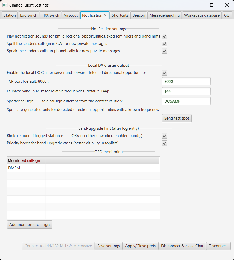 Benachrichtigungen, DX-Cluster-Ausgabe und QSO-Monitoring